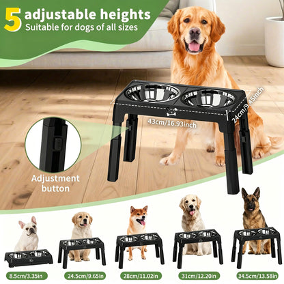 Elevated Dog Bowl 2 Stainless Steel Bowls, 5 Height Adjustable Stands Pet Medium And Large Dog Bowl Improves Digestion And Neck Support, Easy To Clean