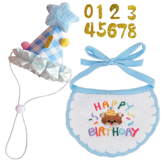Cat Birthday Party Supplies, Cat Birthday Hat with Number and Star, Embroidered Happy Birthday Bandana for Kitten...