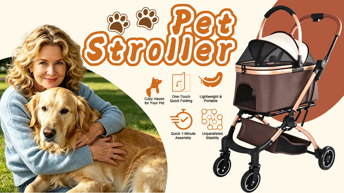 Pet Stroller for Dogs and Cats, 2-in-1 Detachable Foldable 4 Wheels Pet Stroller, Quick One-Hand Fold, Storage Basket, Detachable Carry Basket with Sun Canopy(Khaki++Gold)