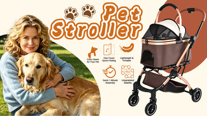 Pet Stroller for Dogs and Cats, 2-in-1 Detachable Foldable 4 Wheels Pet Stroller, Quick One-Hand Fold, Storage Basket, Detachable Carry Basket with Sun Canopy(Khaki++Gold)