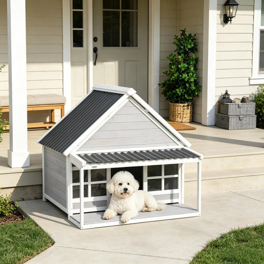 Wooden Dog House with Porch, Outdoor Weatherproof Dog House with Tilt Roof, Front Door and Windows, for Medium and...