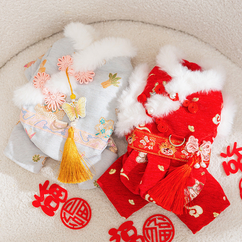 Autumn and Winter Dog New Year's Festive Tang Suits, Cat New Year's Clothing, Teddy Warm Four-Legged Cotton Jackets,...
