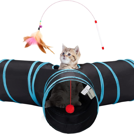 Pet Cat Tunnel Tube Toys 3 Way Collapsible, Tunnels For Indoor Cats, Interactive Tube With Teaser Wand, Peek Holes