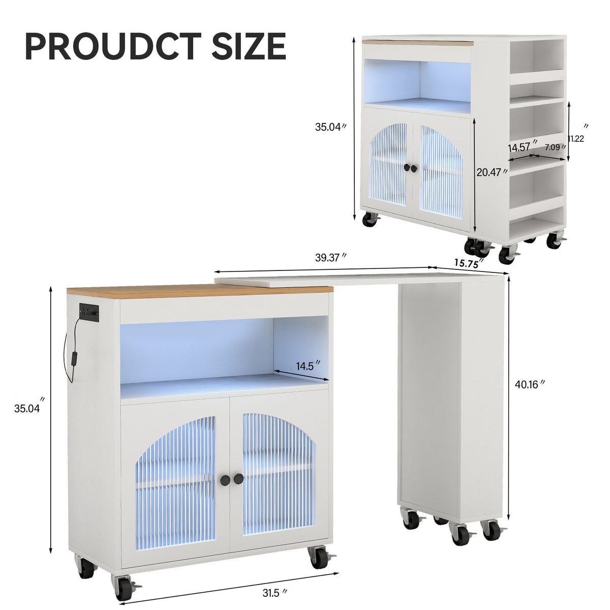 Kitchen Island On Wheels With Extended Table MDF Rolling Kitchen Storage Cart With LED Light Power Outlets 2 Fluted Glass Doors Side 3 Open Shelves White US Plug