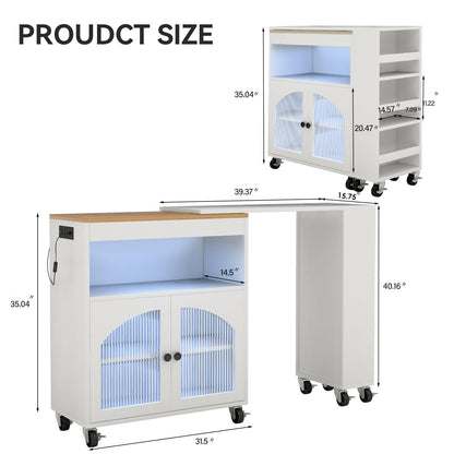 Kitchen Island On Wheels With Extended Table MDF Rolling Kitchen Storage Cart With LED Light Power Outlets 2 Fluted Glass Doors Side 3 Open Shelves White US Plug