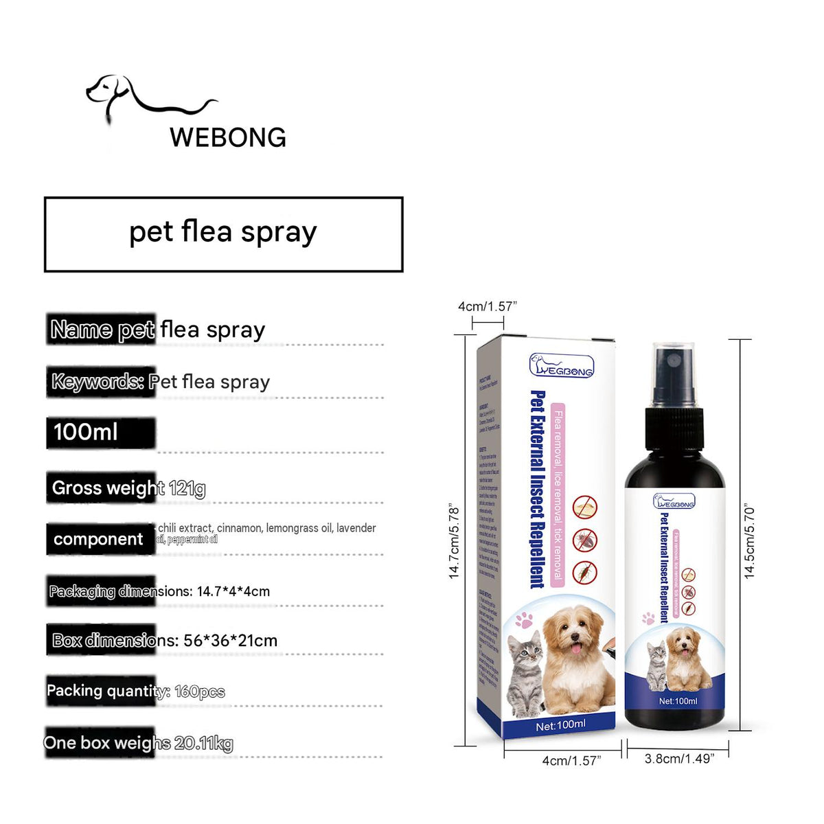 Yegbong Pet Flea Spray Cat And Dog Skin Cleaning External Lice And Tick Removal Spray