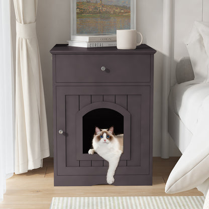 Black Wooden Cat Litter Box Enclosure W Drawer & Side Table, Indoor Pet Crate Nightstand For Home