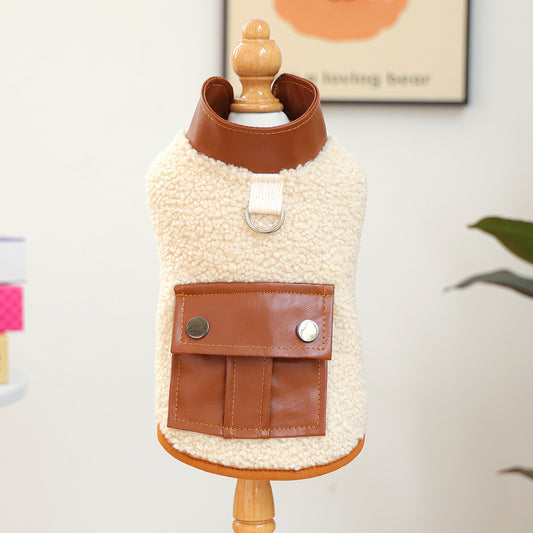Western-Style Coffee-Colored Small Leather-Pocket Lambswool Vest - Pet Clothing