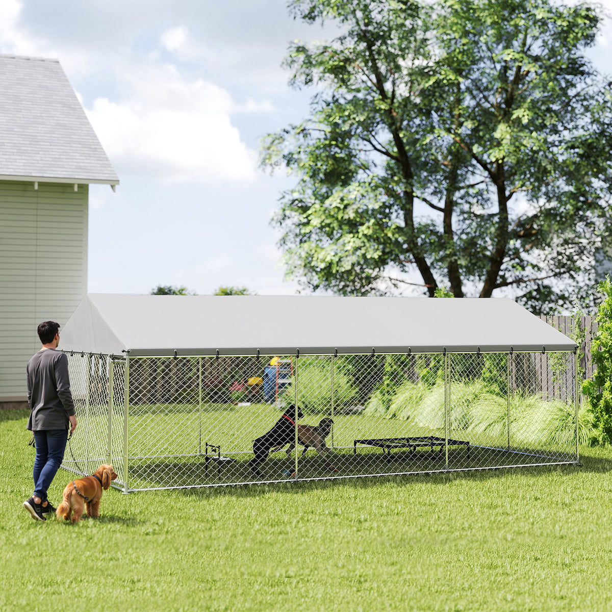 Heavy Duty Outdoor Dog Kennel with Waterproof Roof, 2 Secure Latches, Chain Link Dog Run for Backyard, 20 x 10 x 7