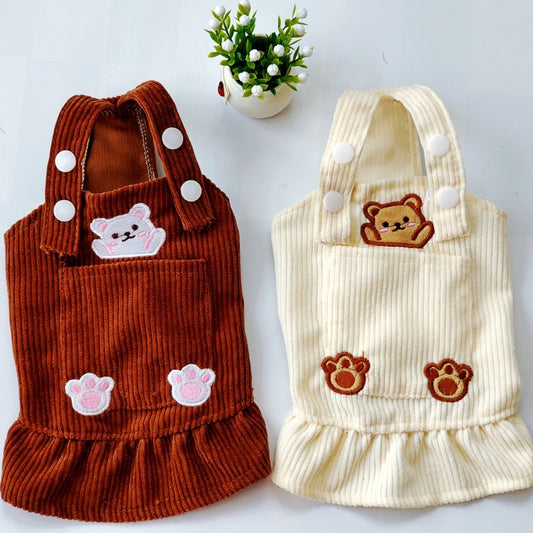 Bear Embroidered Corduroy Dress with Straps - Pet Clothing