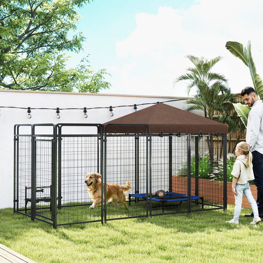 Dog Kennel Outdoor with Waterproof Canopy, Dog Run with Galvanized Chain Link, Secure Lock, for Backyard and Patio, Large and Medium Sized Breeds, Chickens, Ducks, 9.3 x 4.6 x 5.2