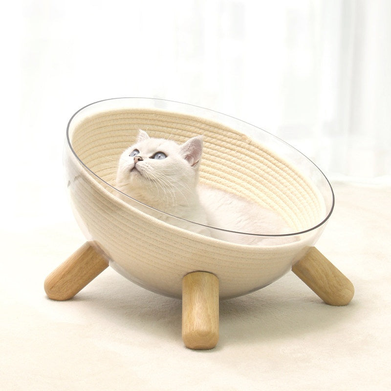 Large Cat Space Capsule Transparent Bed Anti Tipping With Wooden Legs And Cotten Woven Inner Mat