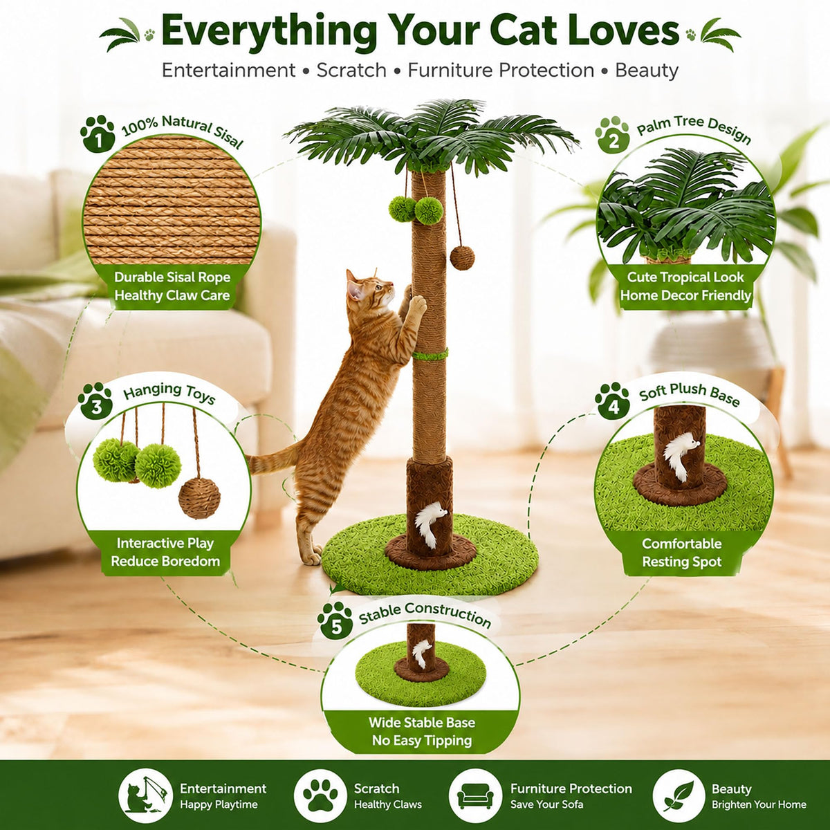 Cat Scratching Post, Sisal Scratcher With Toys For Indoor Cats  Protects Furniture While Satisfying Natural Scratching Instincts. Durable Sisal Post With Interactive Toys For Daily Play