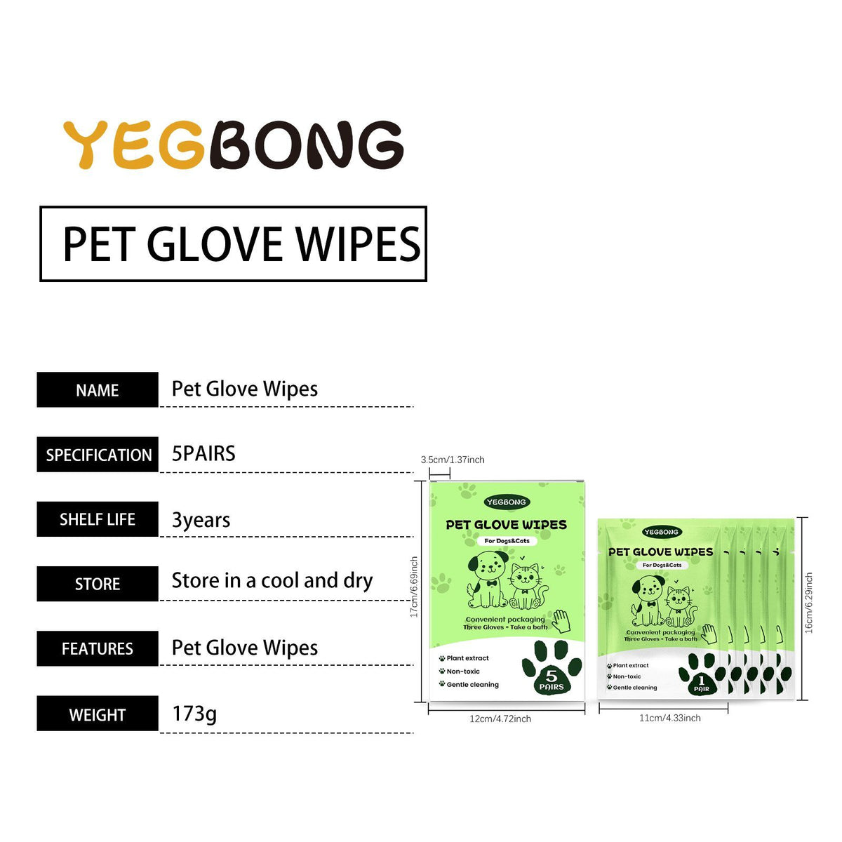 YEGBONG Disposable Pet Glove Wipes, 5 Pieces