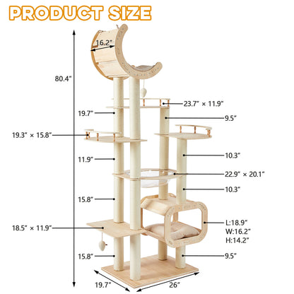 Heavy-Duty No-Drill Large Cat Tree-Solid Wood, 5-Story Multi-Column Cat Tower, 80.4in For Large Spaces & Multi-Cat Households, Open Condo, Space Capsule, Bed, Durable Indoor Pet Furniture