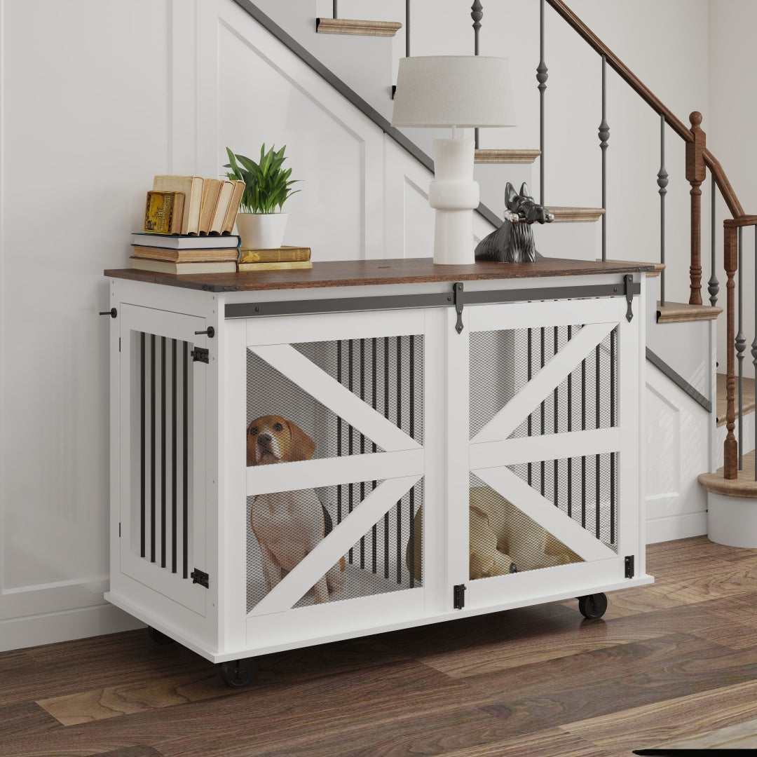 47.2 Mobile Dog Crate with Flip-Top Feeding Door, Dual-Access & 5 Caster System 2 Locking, Side Hooks -...