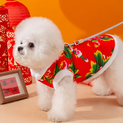 Winter Warm Dog Vest With D-Ring Huge Floral Patterns Plush Lined Dog Jacket