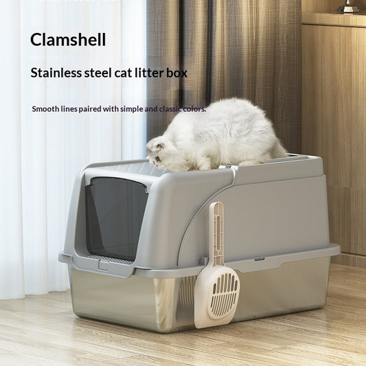 Stainless Steel Fully Enclosed Cat Litter Box Extra-Large Splash-Proof Flip-Top Design Odor-Control Cat Toilet