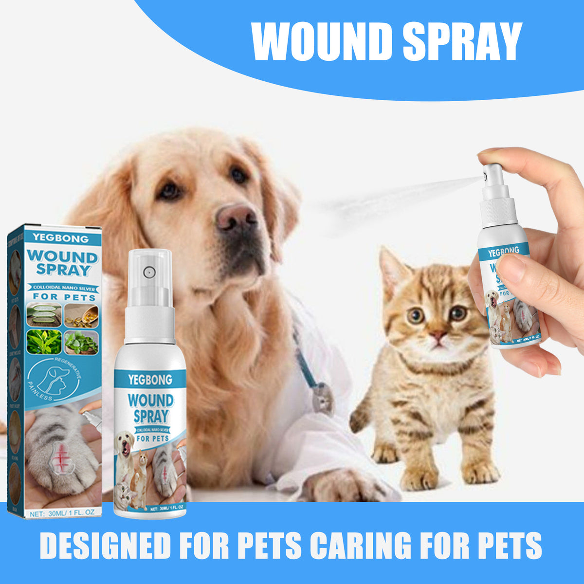 Natural Pet Wound Spray For Cats Dogs Skin Care Cuts Anti Itch Allergies Inflammation Relief