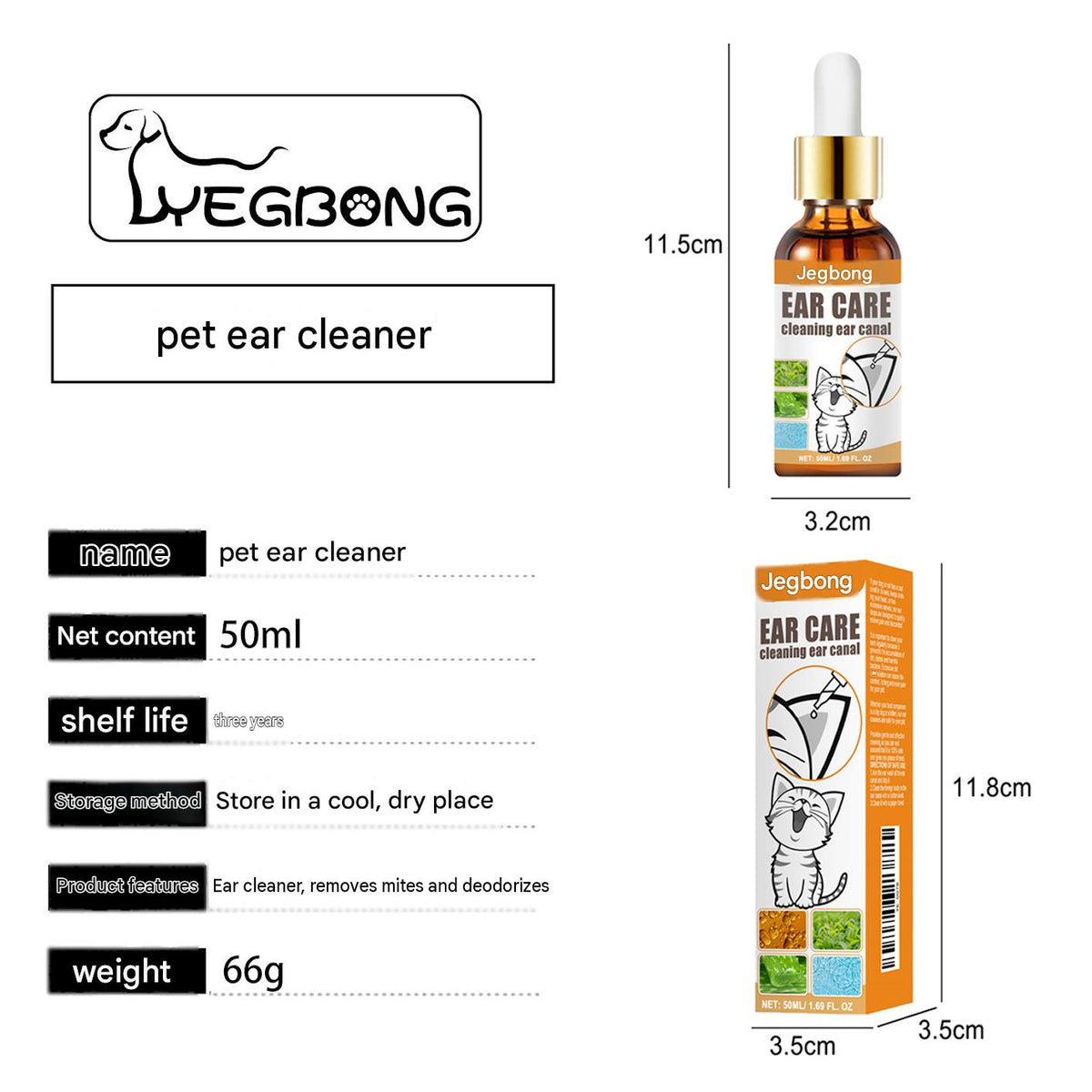 Yegbong Pet Ear Cleansing Liquid Cat And Dog Ear Mite Removal Cleaning Ear Drops For Cleaning Ear Canals And Deodorizing With Cotton Swabs