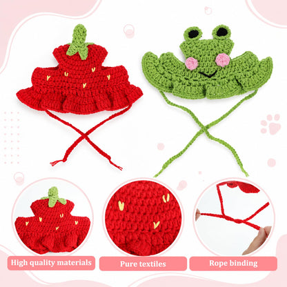 2pcs Crochet Cat Hats Knit Cat Hat Strawberry and Frog Hat Cute Knit Cat, Soft, with Adjustable Cord, Handmade...