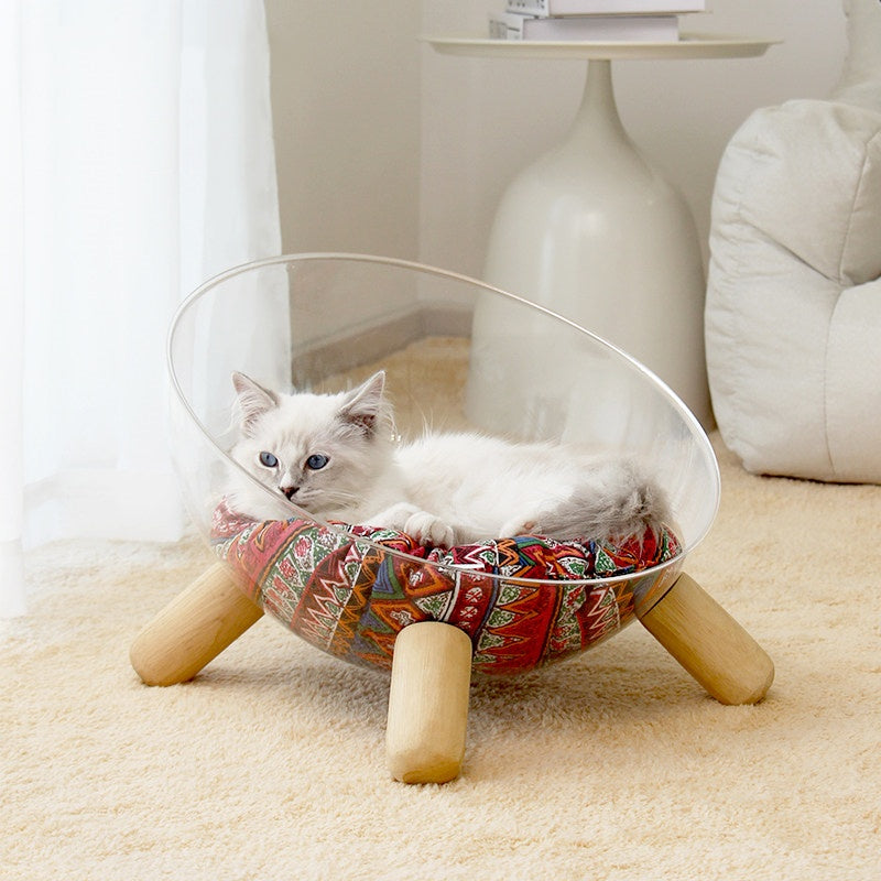 Large Cat Space Capsule Transparent Bed Anti Tipping With Wooden Legs And Cotten Woven Inner Mat