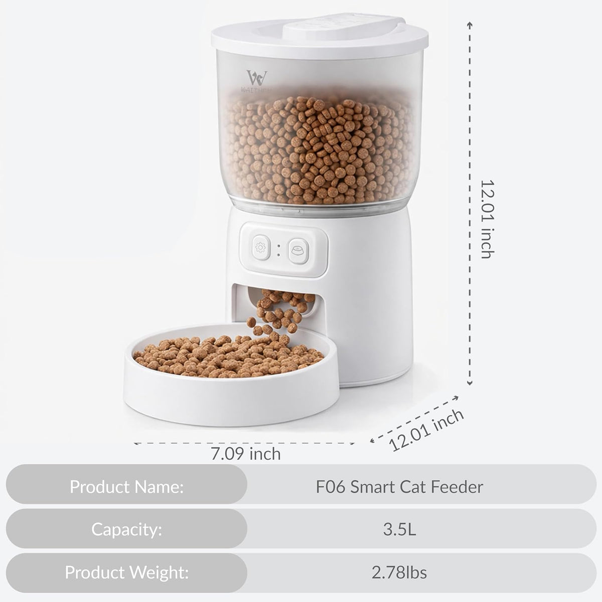 Waithem Wi-Fi Automatic Cat Feeder, Timed Dry Food Dispenser, App-Programmable Portion Control, Up To 10 Meals Per Day, Dual Power Supply, Suitable For Cats And Small Dogs