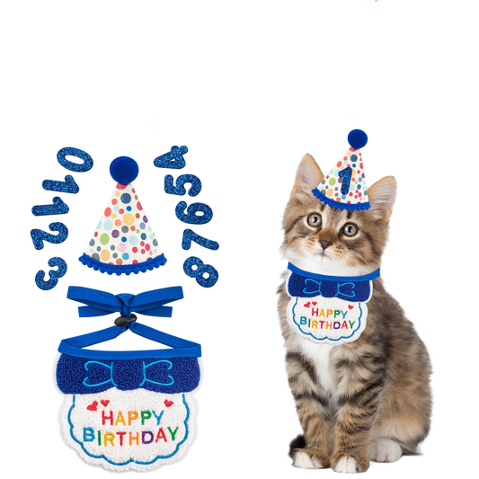 Cat Birthday Party Supplies, Blue Cat Kitten Birthday Bandana with Number Hat, Cat Birthday Decorations Banner Boy,...