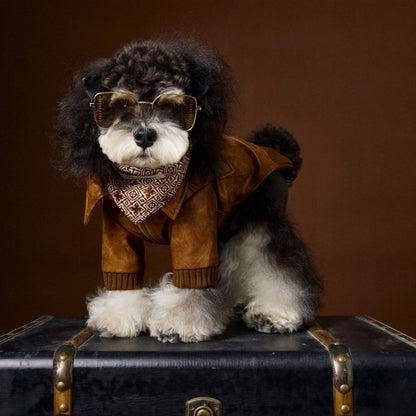 Schnauzer Bichon Handsome Retro Style Long Sleeve Two Feet Apparel Leather Coat - Pet Clothing