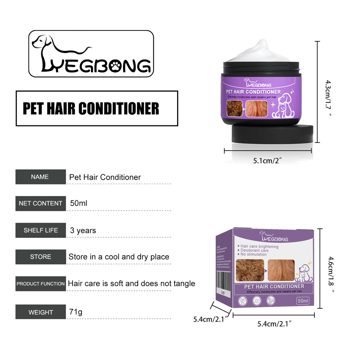 Pet Hair Conditioner For Dogs Cats, Moisturizing Detangling Pet Coat Conditioner, Anti Static, Softens & Brightens Fur, Long Lasting Fragrance, 50ml