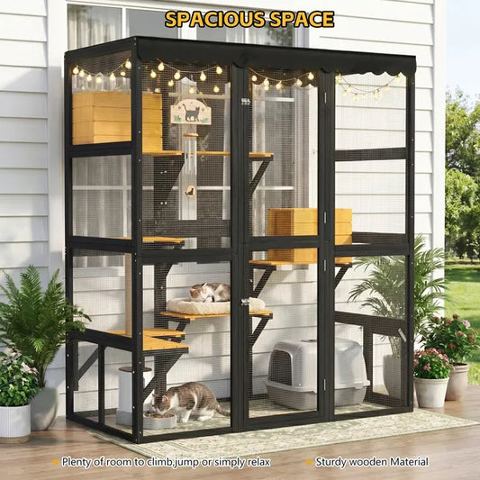 Cat Catio Outdoor Cat Enclosure For Multiple Indoor Outdoor Cats, Large Wooden Walk-in Cat House With Window Connection , 2 Condos, 5 Platforms, 4 Doors, And Weatherproof Roof Cover
