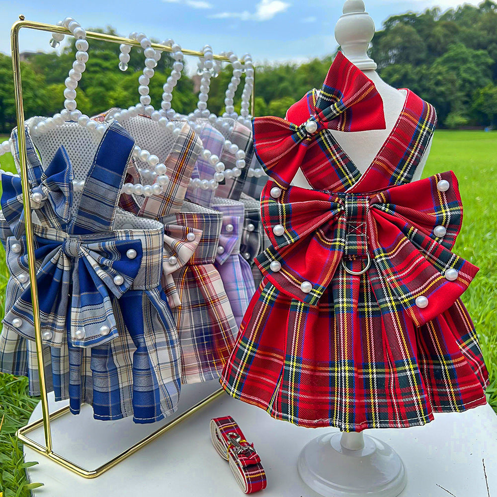 Pet JK-style Plaid Dog Dress With Leash Accessories