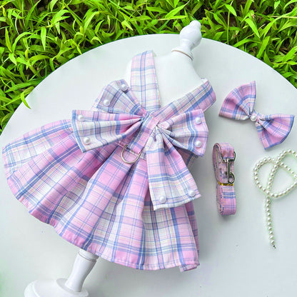 Pet JK-style Plaid Dog Dress With Leash Accessories