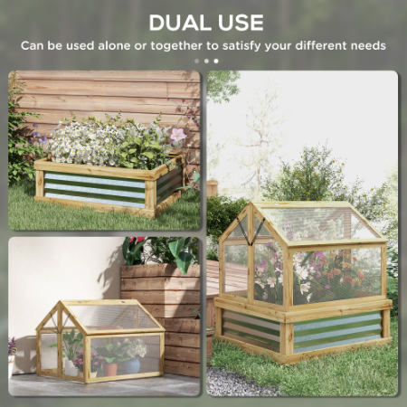 Outsunny Raised Garden Bed With Polycarbonate Greenhouse, Garden Wooden Cold Frame Greenhouse Flower Planter Protection, Peak Roof, 35.5x 31.5 X 36, Natural