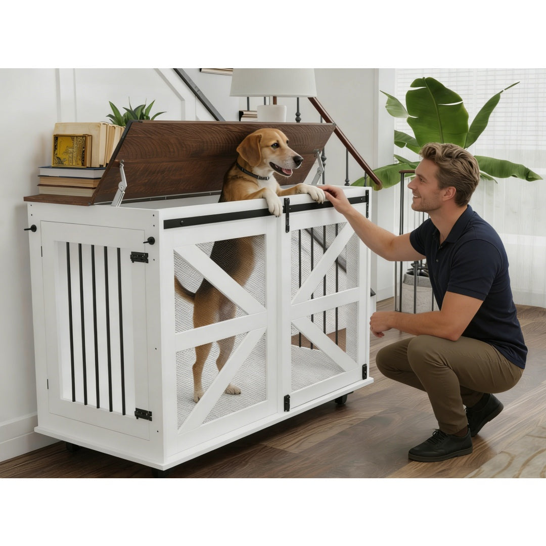 47.2 Mobile Dog Crate with Flip-Top Feeding Door, Dual-Access & 5 Caster System 2 Locking, Side Hooks -...