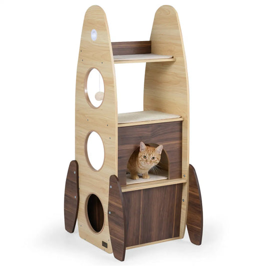 4-Tier Rocket Shape Cat Tree with 2-Tier Condo Sisal Scratch Pad Hanging Pompom Natural+White