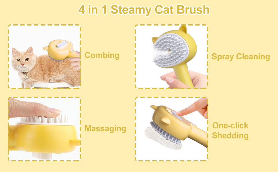 Cat Steam Brush 4 In 1 Steamy Cat Brush With Handle Rubber Pet Misting Brush With Release Button Dog Comb With Cleanser For Indoor Kittens Small Animals