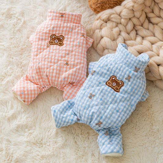 Cute Korean Cartoon Checkerboard Pattern Bear Full-Printed Four-Legged Cotton Coat for Dogs in Autumn and Winter,...