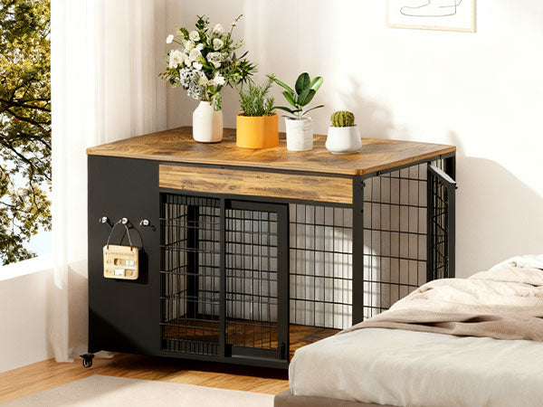 38in  Dog Crate Furniture - Dog Crate With DIY Frame, Sliding Door Indoor Kennel, Wooden Dog Cage End Table, For Medium-Large Breed, Size L