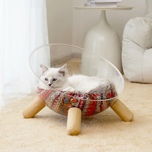 Large Cat Space Capsule Transparent Bed Anti Tipping With Wooden Legs And Cotten Woven Inner Mat