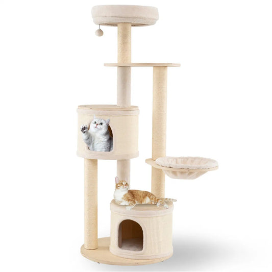 60 Inch Tall Wooden Cat Tree Multi-Level Cat Tower with Sisal Scratching Posts & Condos for Indoor Cats, Natural
