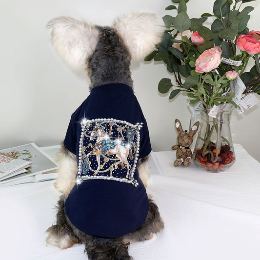 Schnauzer Teddy Clothes Summer Thin T-Shirt White Horse Inlaid Diamonds - Pet Clothing