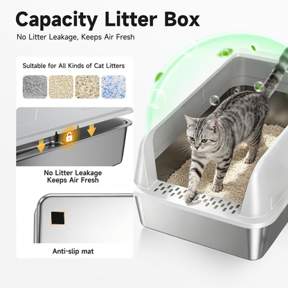 Stainless Steel Cat Litter Box For Cats, High-Sided Design Prevents Urine Leakage, Non-Stick, Easy To Clean, Includes Scoop, Gray