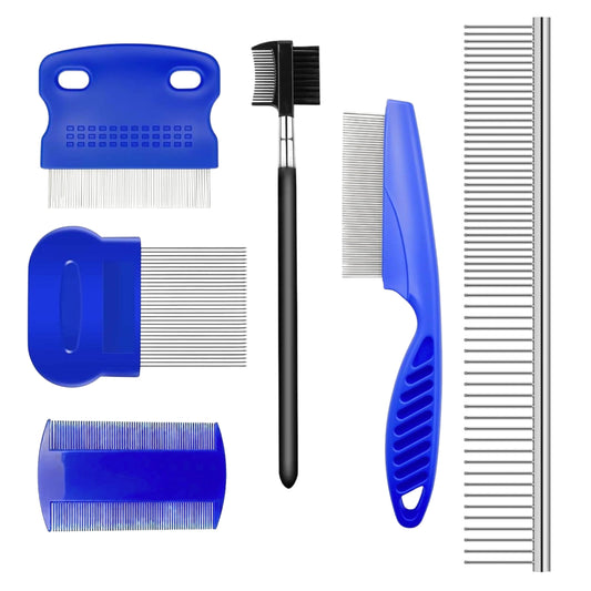 Flea Lice Comb - 6 Pack Flea Comb For Cats Dogs Remove Fleas Lice Eggs Stainless Steel Cat Dog Grooming Comb  Tear Stain Remover Dog Eye Comb  Dematting Comb For Dogs Ideal For All Pet Size