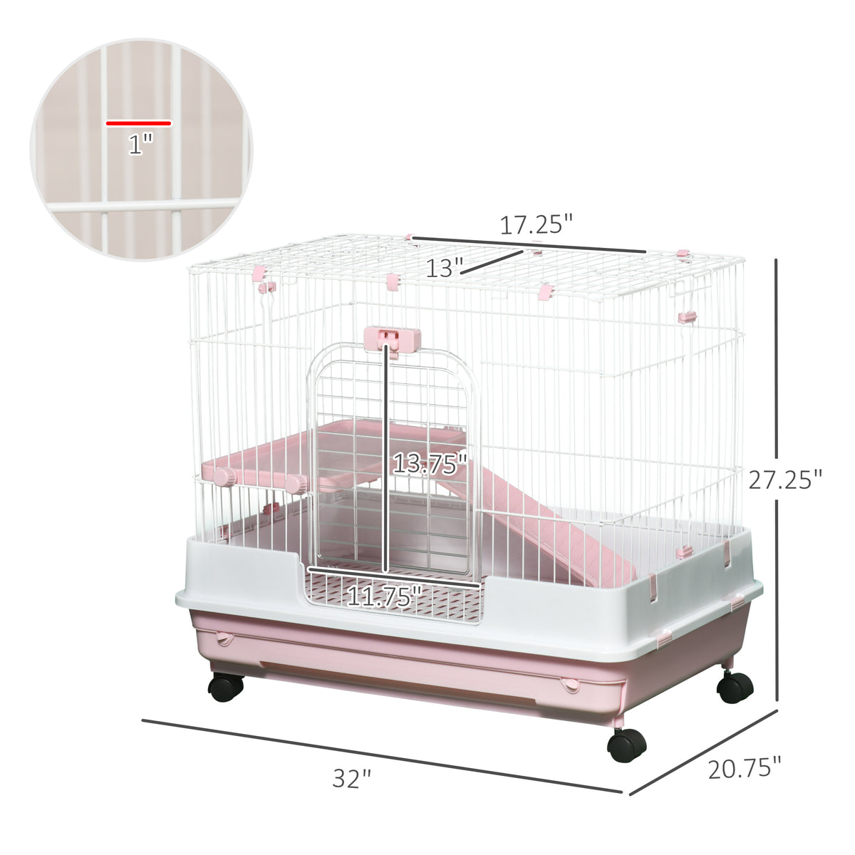 2-Level Small Animal Cage Rabbit Hutch With Wheels, Removable Tray, Platform And Ramp For Bunny, Chinchillas, Ferret, Pink
