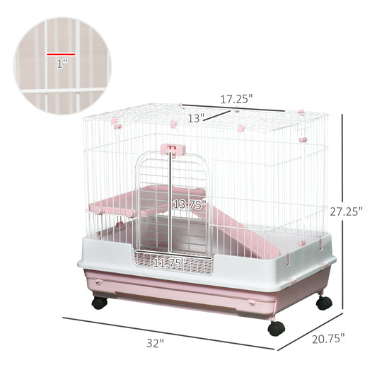 2-Level Small Animal Cage Rabbit Hutch With Wheels, Removable Tray, Platform And Ramp For Bunny, Chinchillas, Ferret, Pink