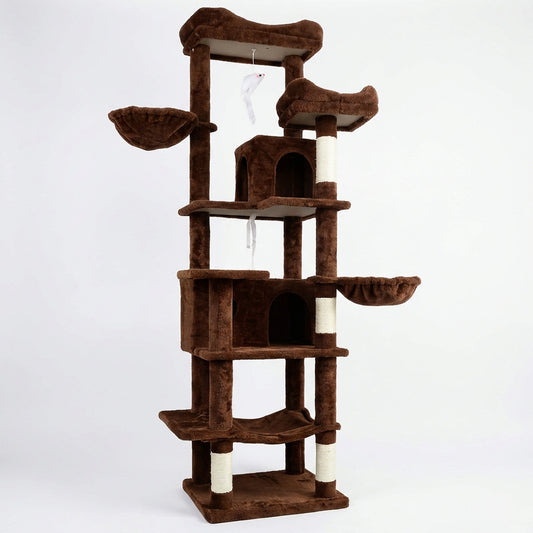 68in Tall Multi-Level Green Cat Tree with Hammocks, Hanging Basket, Cat Cave, Removeable Cushion, Scratching Posts - Plush Cat Tower for Indoor Cats, Perfect for Multiple Cats Brown