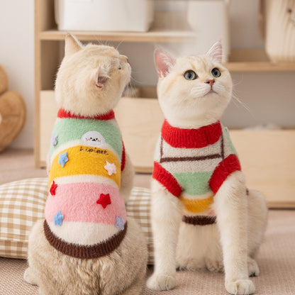 Autumn and Winter Cat Cartoon Star Striped Parent-Child Sweater, Small and Medium-Sized Dog Warm Parent-Child...