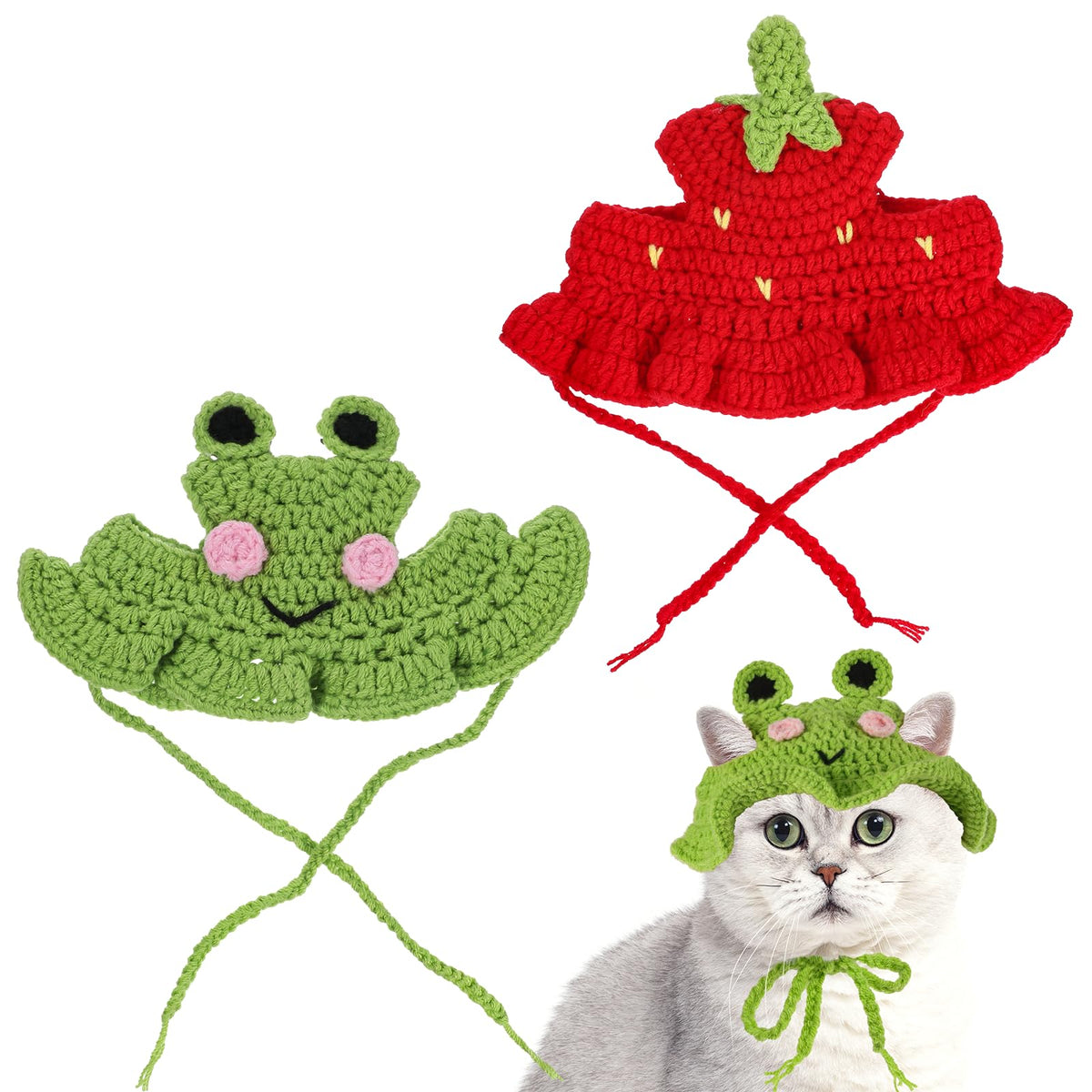 2pcs Crochet Cat Hats Knit Cat Hat Strawberry and Frog Hat Cute Knit Cat, Soft, with Adjustable Cord, Handmade...