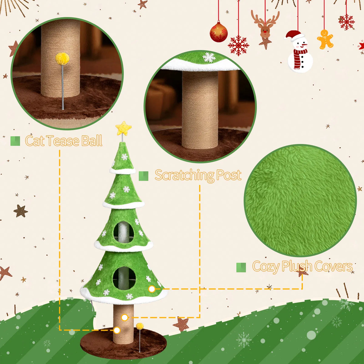 59in Large Tall Christmas Tree Cat Tower with 2 Cat Condos & Scratching Post, Soft Fleece Cat Tree with Teaser Toy & Sturdy Base & Built-in Openings for Indoor Cats, Green & White
